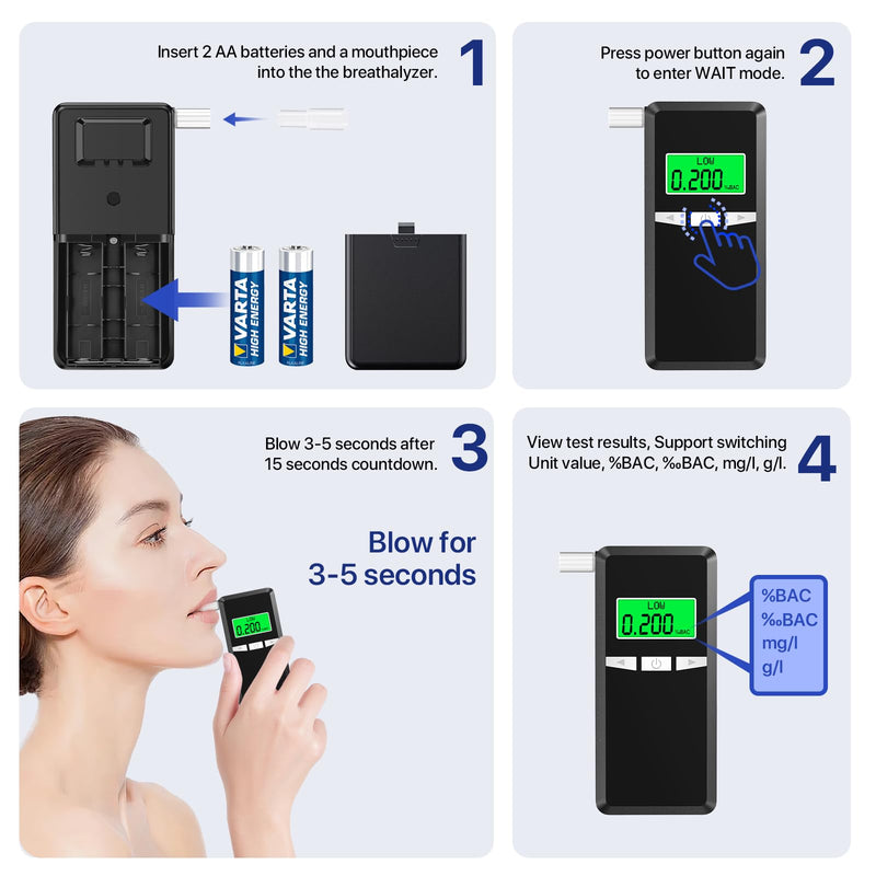 Breathalyzer,Upgrade Professional-Grade Accuracy Alcohol Tester with Digital Blue LCD Display for Home or Party Use with 10 Mouthpieces - BeesActive Australia