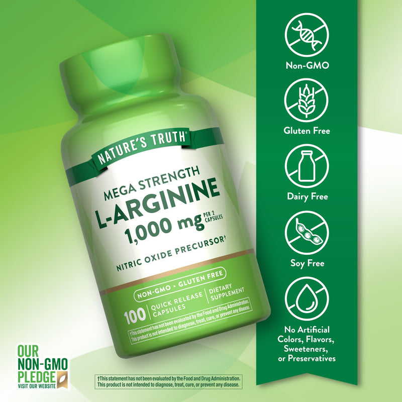 Nature's Truth L-Arginine 1000mg | 100 Capsules | Mega Strength | Non-GMO & Gluten Free Supplement | Non-GMO & Gluten Free Supplement