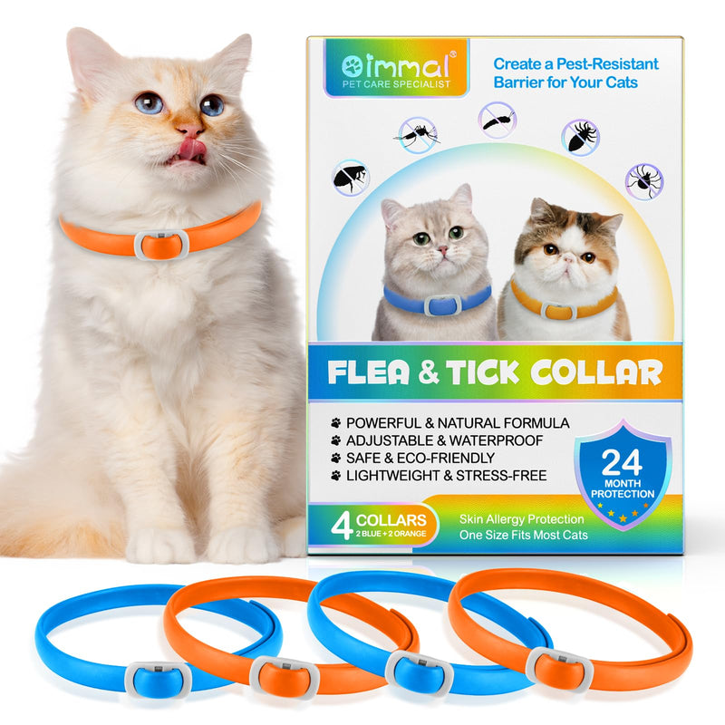 Anti-flea and anti-tick collar for cats, 4 pieces against larvae and eggs - eliminates and kills - protects the animal and the habitat, effective protection for 24 months, adjustable and waterproof