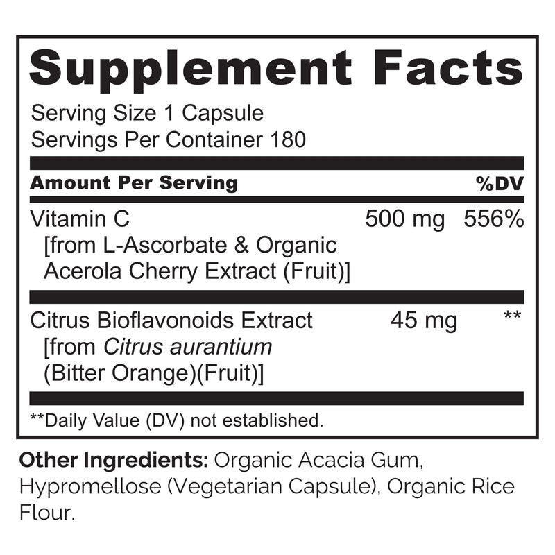 NATURELO Vitamin C 500 mg, Immune Support, Vegan, 180 Capsules | Organic acerola cherry extract, citrus bioflavonoids, Non-GMO, 500 mg VIT C per Cap 180 Count (Pack of 1)