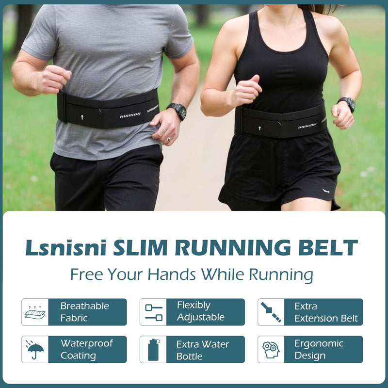 Lsnisni Slim Running Belt for Men and Women, Running Waist Pack with Water Bottle & Towel, Multi Pocket Fanny Pack - Phone Holder, Adjustable for Running, Climbing - Medium Black-medium