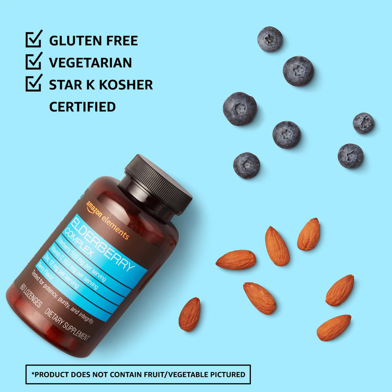 Amazon Elements Elderberry Complex, Immune System Support, 60 Berry Flavored Lozenges, Elderberry 100mg, Vitamin C 103mg, Zinc 12mg per Serving (Packaging May Vary) (Pack of 2) 60 Count (Pack of 2)