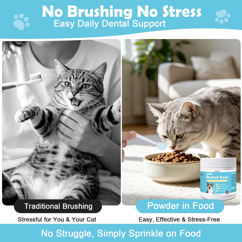 AETHER Cat Dental Care Powder, Cat Gingivitis Support with Natural Extracts, Helps Reduce Bad Breath, Plaque & Tartar, Supports Teeth, Gums Oral Health, Daily Teeth Cleaning Supplement for Cats, 4oz