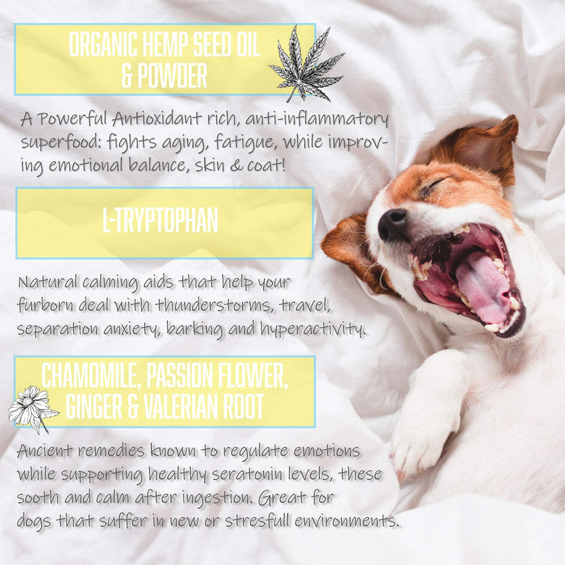 Calming Treats for Dogs with Organic Hemp Oil, Tryptophan, Chamomile, Passion Flower & Valerian - Stress & Anxiety Relief for Separation, Travel, Fireworks, Storms and Barking - 120 Soft Chews..