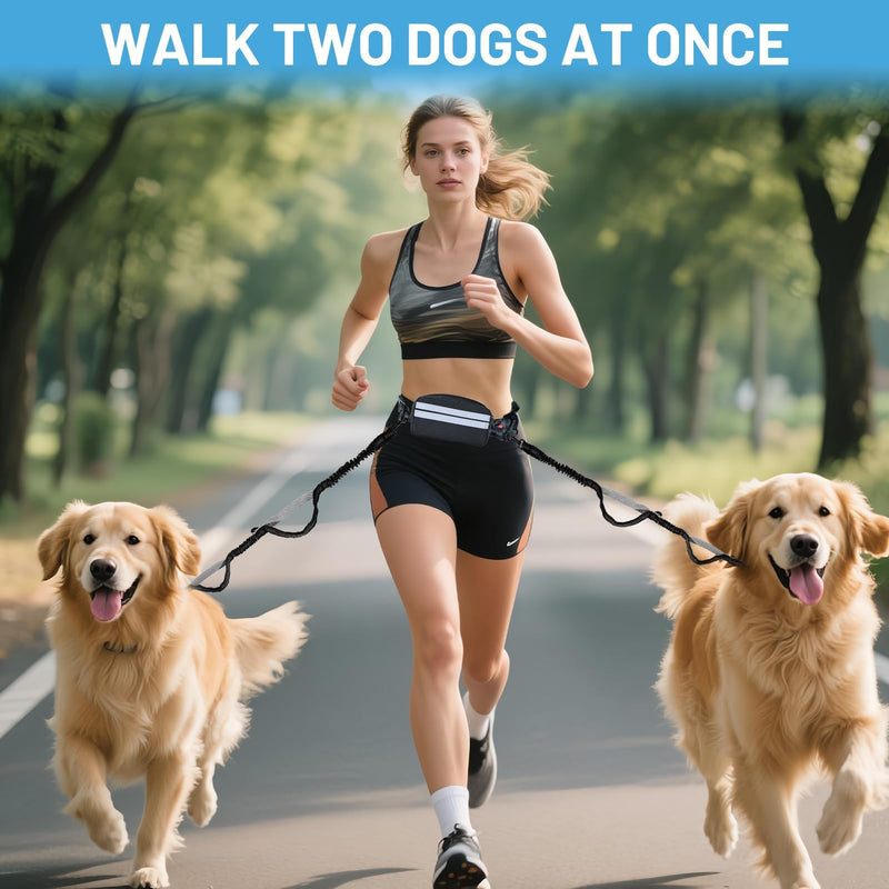 Hands Free Double Dog Leash No Tangle, Waist Leash for Dog Walking, Retractable Dog Leashes for Medium and Large Breeds-Pouch & Lumbar Support, Adjustable Waist Belt, Retractable Bungee,Padded Handles - BeesActive Australia
