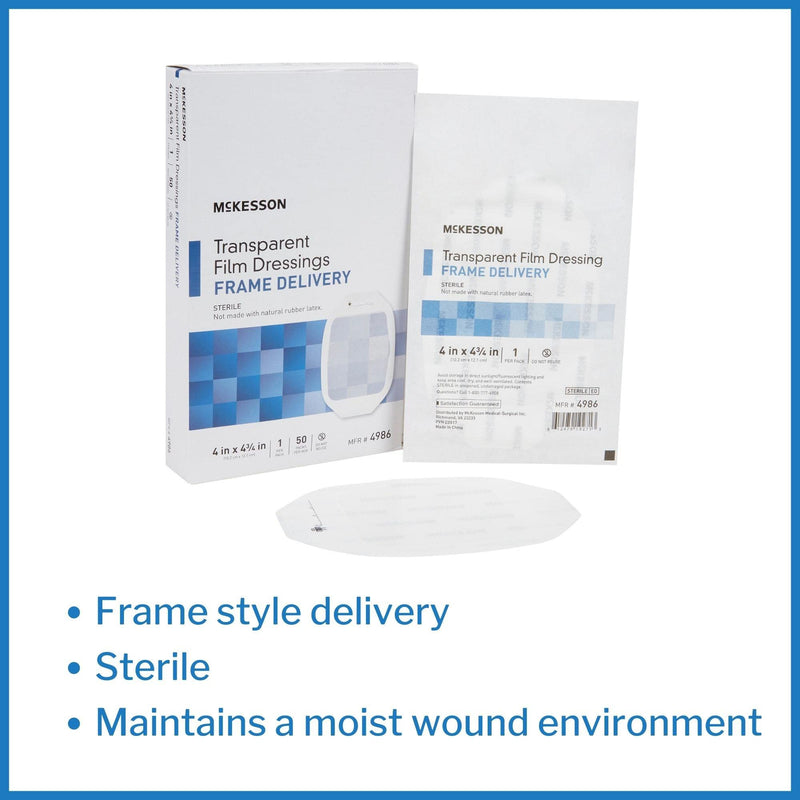 McKesson Transparent Film Dressing, Sterile, Frame Delivery, 4 in x 4 3/4 in, 50 Count, 1 Pack 4 x 4.75 Inch (50 Count)