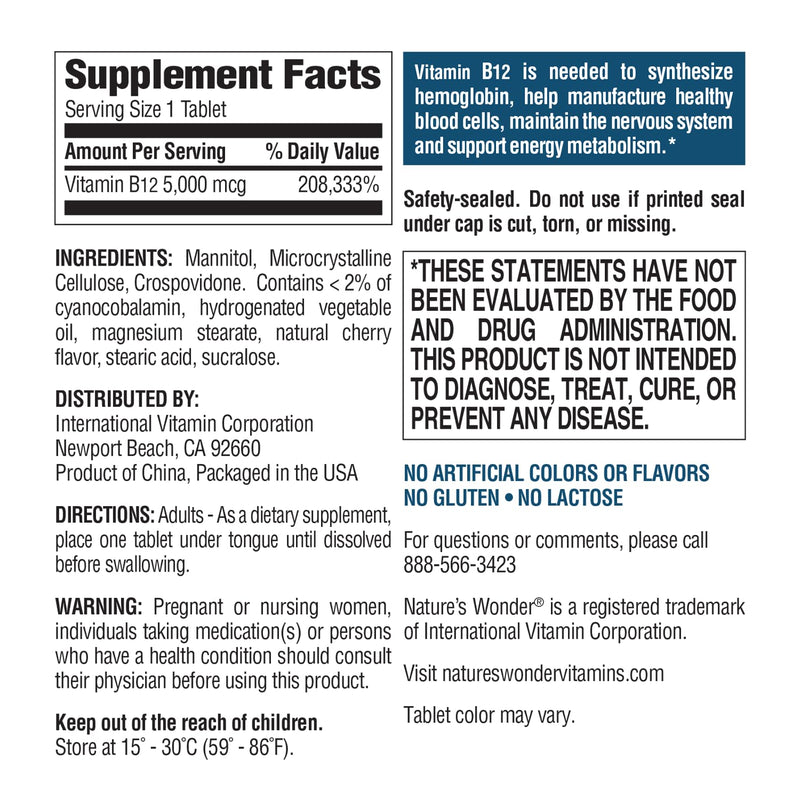 Nature's Wonder Vitamin B12 5000 mcg Quick Dissolve Tablets, High Potency B12 Supplement for Energy Metabolism, Nervous System & Red Blood Cell Support, 120 Tablets, 120 Day Supply