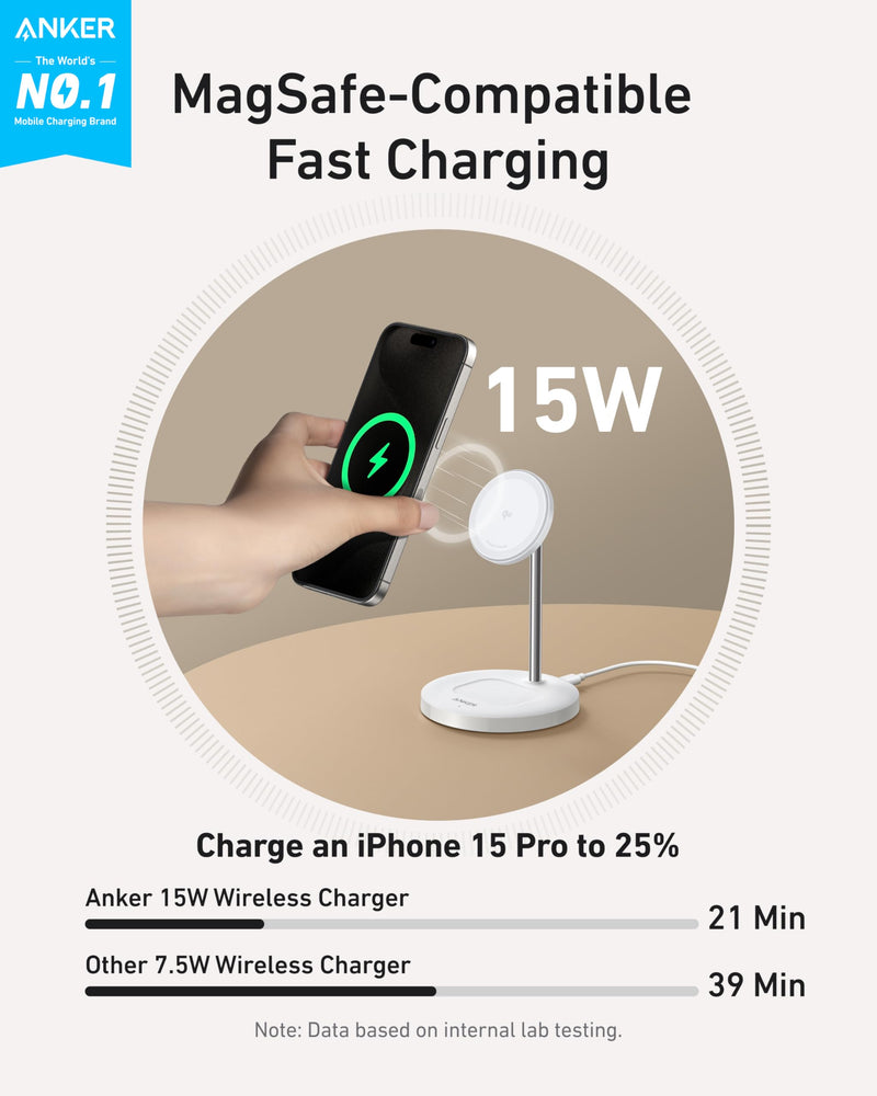 Anker MagSafe Charger Stand Compatible, MagGo 2-in-1 Charging Station, 【Upgraded】 Qi2 Certified 15W Wireless Charger Stand, for iPhone 15/14/13/12, AirPods Pro White - BeesActive Australia