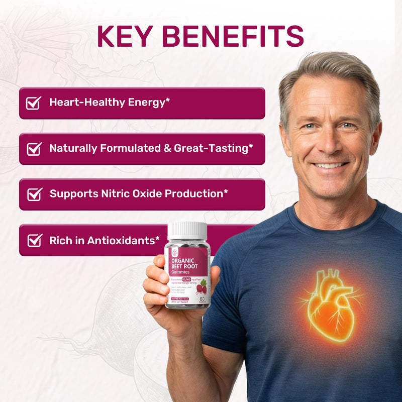 Organic Beet Root Gummies, Beet Chews for Nitric Oxide Support, 60 Count | Sugar-Free Beetroot Gummies with 21:1 Extract, Grape Seed & Black Pepper for Circulation, Heart and Energy; Vegan, Non-GMO 60 Count (Pack of 1)