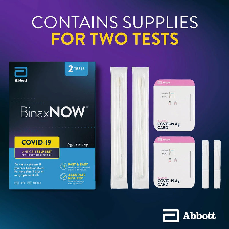 BinaxNOW COVID-19 Antigen Self Test, 1 Pack, 2 Tests Total, COVID Test With 15-Minute Results Without Sending to a Lab, Easy to Use at Home 2 Test Total