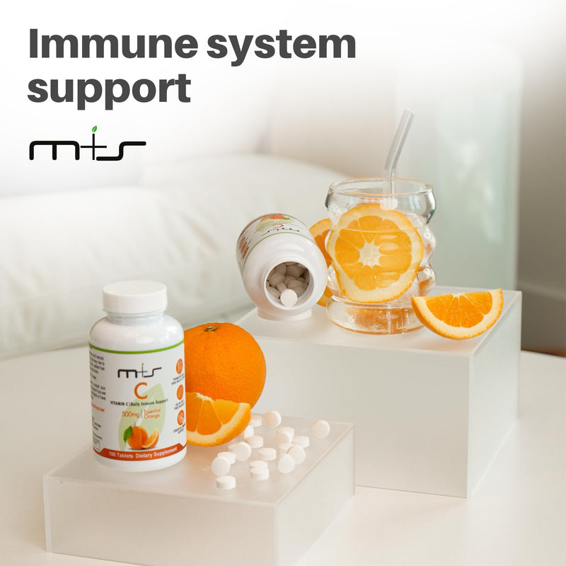 M+S Vitamin C 500mg Tablets, Immune Support, Sugar Free, Orange Flavor | Helps protect cells from oxidative stress and promotes collagen formation for healthy skin, hair, nails and joints. Non-GMO.