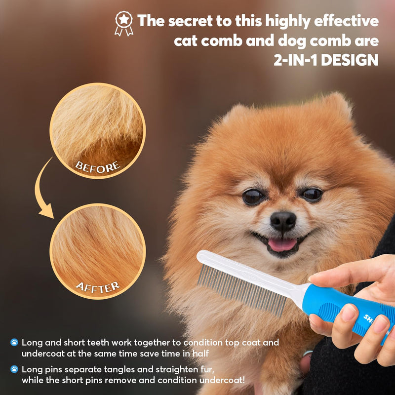 Detangling Pet Grooming Comb for Dogs & Cats with Long & Short Stainless Steel Metal Teeth for Removing Tangles and Knots - Dematting Brush to Detangle Matted Hair Blue comb - BeesActive Australia