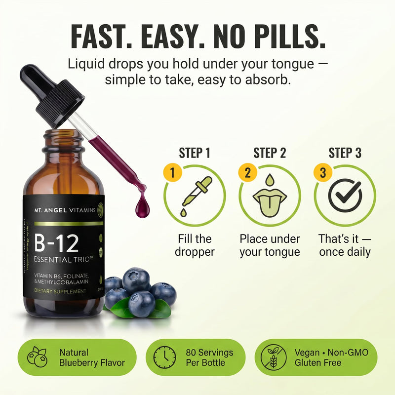 Mt. Angel Vitamins - B12 Essential Trio - Vegan Sublingual Drops with High-Potency Methyl B12, B6 & Folate - Easy Absorption Liquid - Non-GMO, Made in USA 2 Fl Oz (Pack of 1)