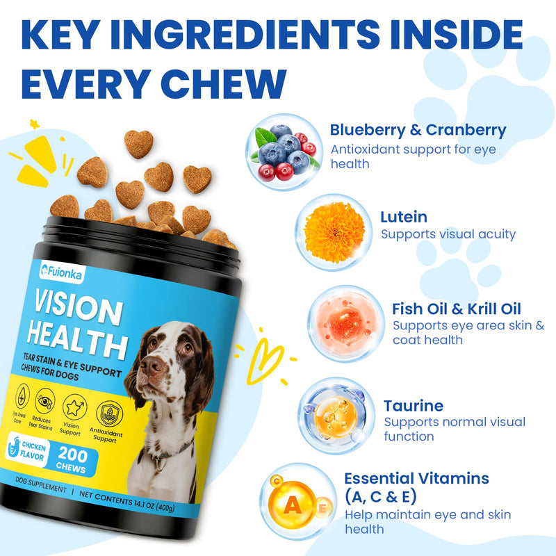 Tear Stain Chews for Dogs 200 Ct Eye Support Soft Chews Dog Eye Care Vision Immune Support Antioxidant Protection with Vitamins Cranberry Extract Fish Oil Lutein for Eye Health (Chicken Flavor)