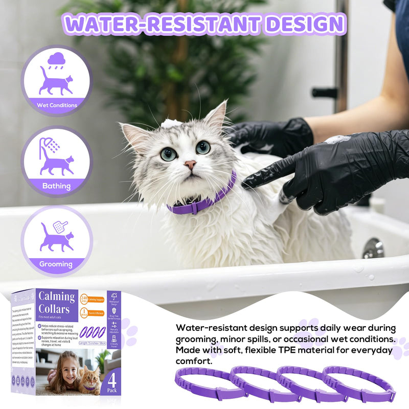 Calming Collar for Cats, 4 Pack Cat Pheromone Collar, 60-Day Each, 240 Days Total, Adjustable 15 Inch Cat Calming Collars for Indoor Cats, Water Resistant, Purple