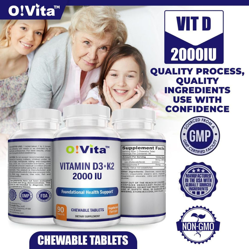 Vitamin D3 + K2 2000IU Chewable for Bone Health Support, 90 Vegetarian chewable Tablets, up to 3-Month Supply
