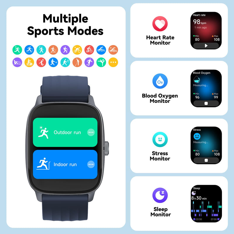 EURANS Smart Watch No App/Phone Required, 1.85" HD Display |Waterproof Watch with Heart Rate & Sleep Monitor | Step Counter for Walking, Pedometer Watch for Women/Men Blue