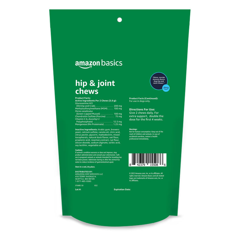 Amazon Basics Dog Hip & Joint Daily Supplement Chews with Glucosamine, MSM, and Vitamin C, Duck Flavored, 120 Count (Previously Solimo) 120 Count (Pack of 1)