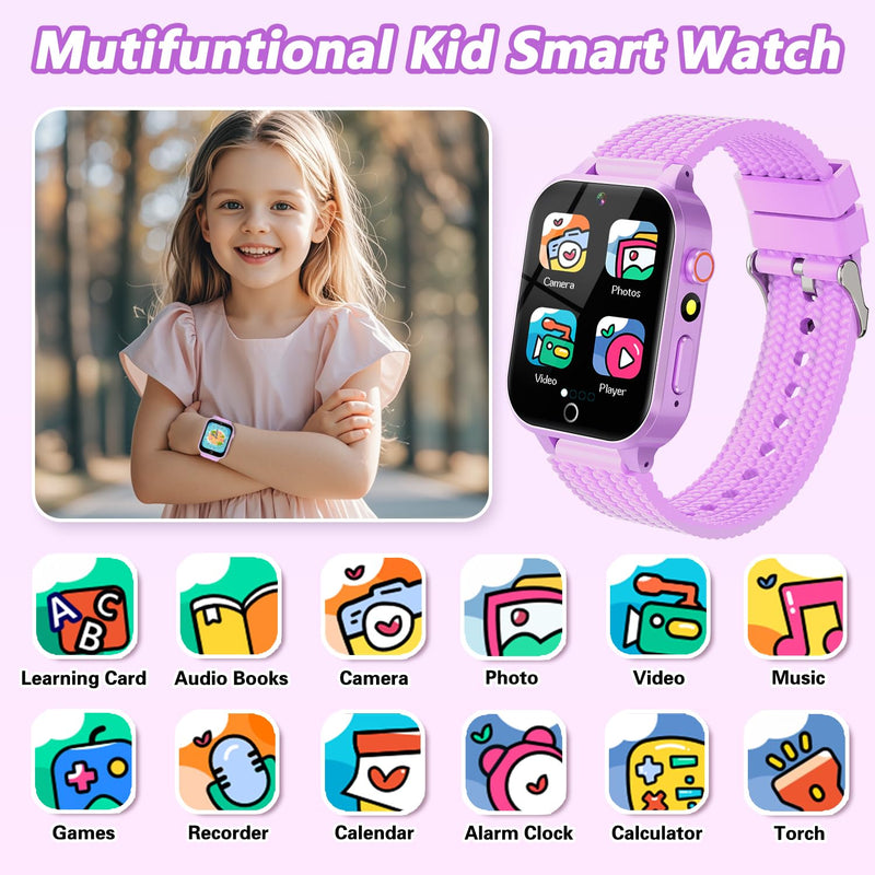 Smart Watch for Kids Girl Gift Ages 3-12, 2 Screen Protector, 26 Puzzle Games, HD Camera Video Music Player Touchscreen Pedometer, Educationtal Toy Brithday Gifts for Girl Ages 4 5 6 7 8 9 10(Purple) Purple - BeesActive Australia