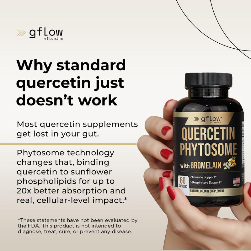 gflow vitamins Quercetin Phytosome 95% Highly Purified with Bromelain | Most Effective Quercetin Form 50X Higher Absorption | Immune Support Supplement Made in the USA