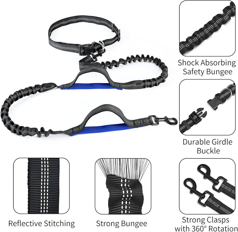 Hands Free Dog Leash with Zipper Pouch, Retractable Bungee Waist Leash with Dual Padded Handles & Waist Belt Fanny Pack for Medium & Large Dog Training Walking Running Hiking Jogging (Blue) Blue - BeesActive Australia