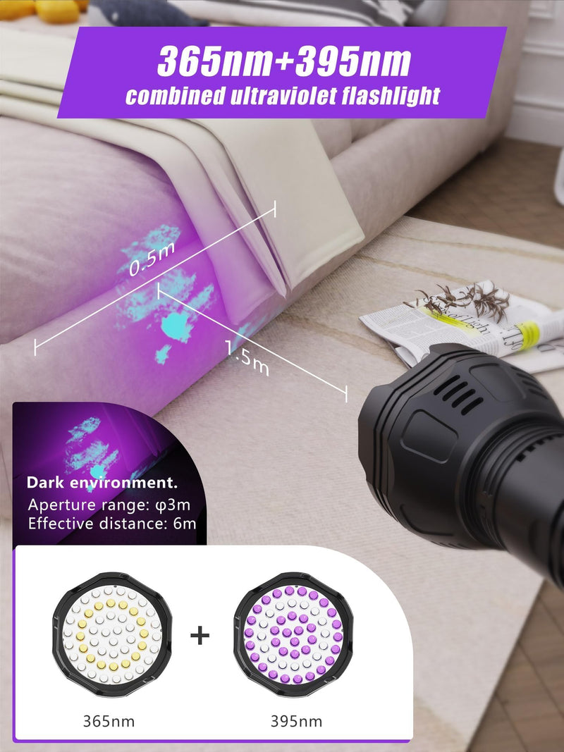 UV Blacklight Flashlights Rechargeable 365nm + 395nm 51 LEDs, Black Light for Pet Urine Detection Cat Dogs, Ultraviolet Flashlight for Resin Scorpion Bed Bugs Handheld Black Light Battery Built-in CL4000 - BeesActive Australia