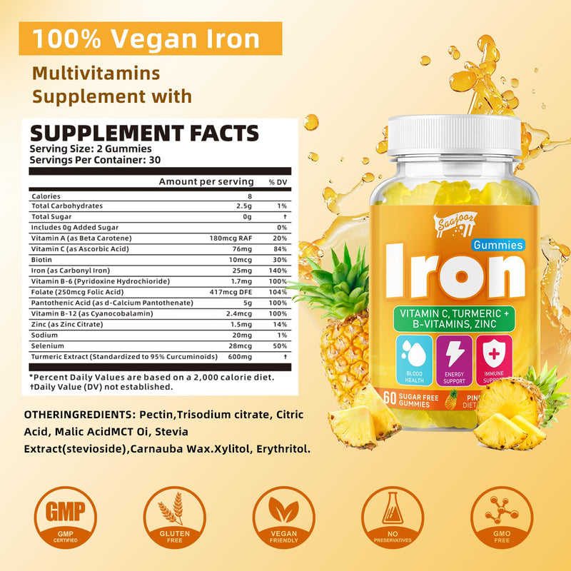 Iron Gummies with Multivitamin for Adults & Kids – Packed with Vitamin B6, B12, C, Zinc, and Folate – for Blood Health & Energy Boost – Pineapple Flavor, Vegan-Friendly, 60 Gummies 1pack