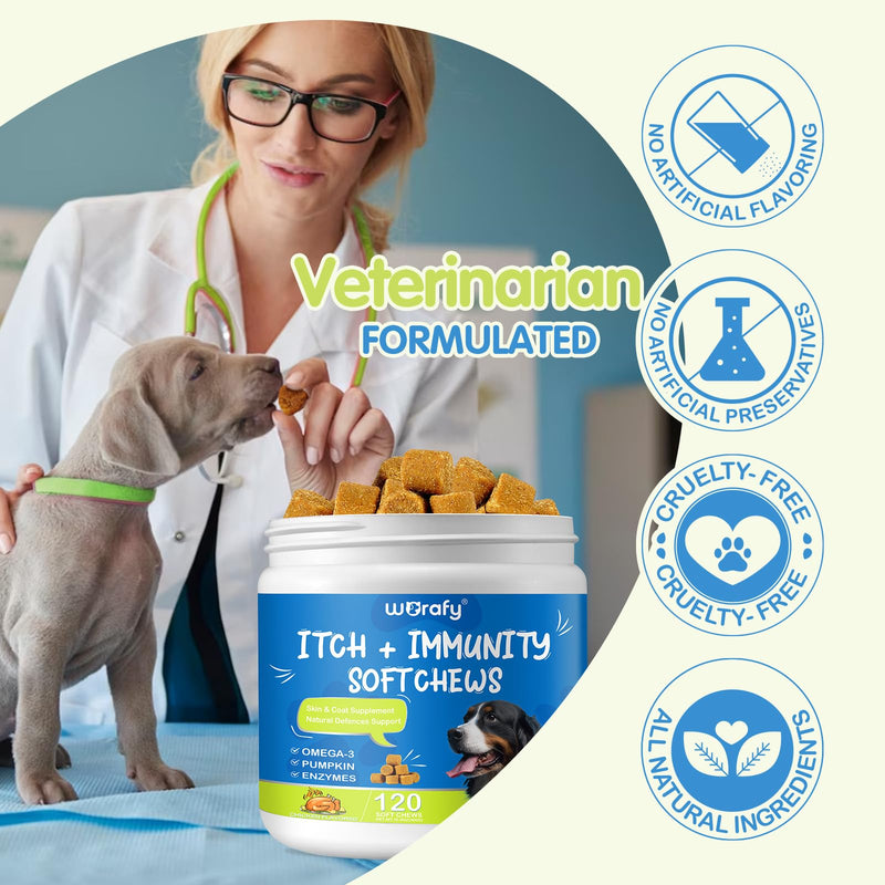Itch and Immunity Treats for Dogs, Dog Itchy Skin Relief, Helps Soothe Itchy Skin, Paws, Ears - Licking, Scratching for All Breeds and Sizes, 120 SoftChews - Chicken Flavor