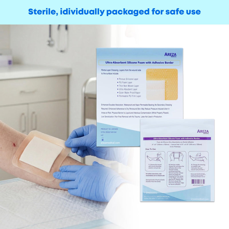 Areza Medical - Silicone Foam with Super-Absorbent Layer - Wound Dressing - Waterproof - with Silicone Adhesive Border - Sterile - 6" x 6" - 5 PCS per Box - BeesActive Australia