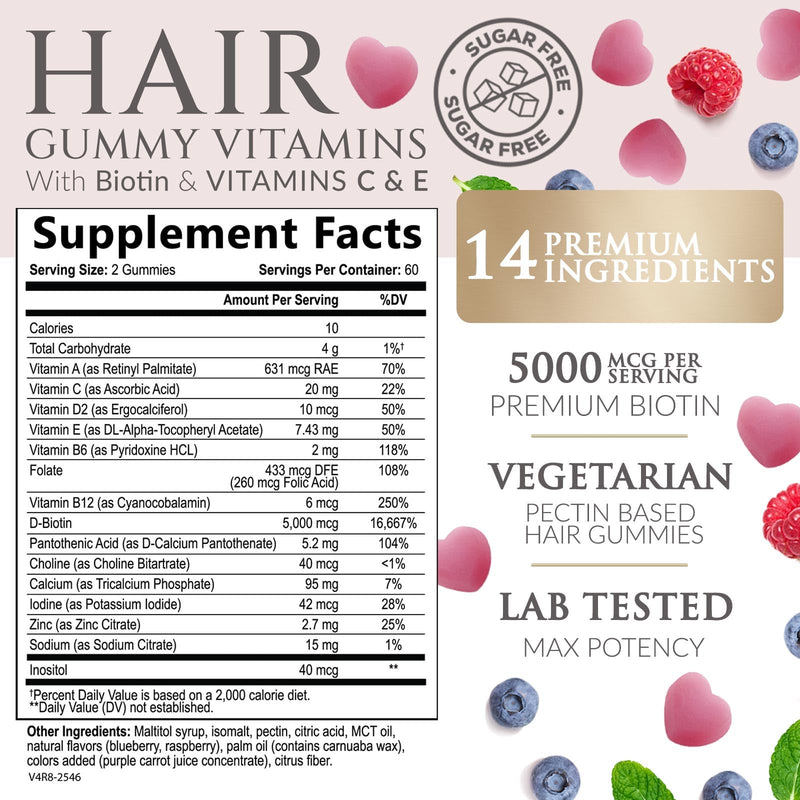 Hair Vitamins Gummies - Sugar Free Hair Growth Support Gummy with Biotin 5000 mcg Per Serving, Vitamin A, B12, C, D, E, Folic Acid - Supports Strong Beautiful Hair and Nails, Vegetarian - 120 Gummies 120 Count (Pack of 1)