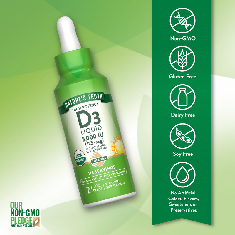 Nature's Truth Vitamin D3 Liquid | 5000 IU | 2 fl oz | Non-GMO and Gluten Free Supplement