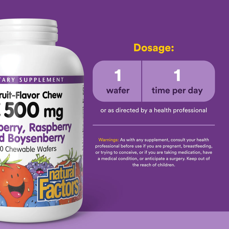 Natural Factors Kids Chewable Vitamin C 500 mg, Supports Immune Health, Bones, Teeth and Gums, Blueberry, Raspberry and Boysenberry, 180 Wafers 180 Count (Pack of 1)