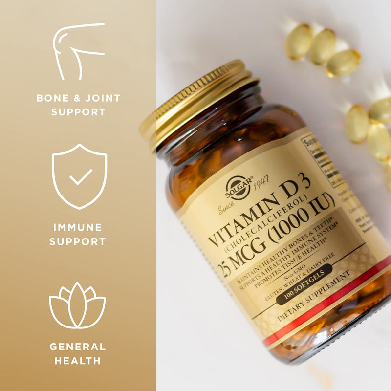 Solgar Vitamin D3 (Cholecalciferol) 25 mcg (1000 IU) - 100 Softgels - Helps Maintain Healthy Bones & Teeth - Immune System Support - Non-GMO, Gluten Free, Dairy Free - 100 Servings
