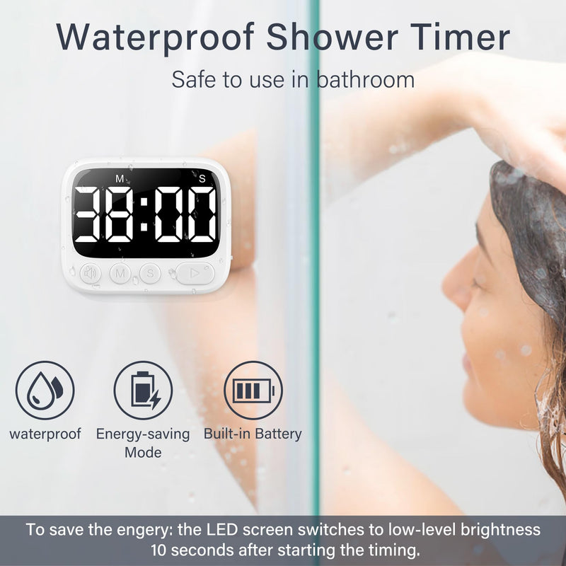 HAUKINIX Shower Timer Waterproof Bathroom Toilet Timer Digital Kitchen for Wall Mount, Study w/Foldable Stand, Countdown Stopwatch w/Suction Cup for Swim, Rechargeable, 2 Pack White - BeesActive Australia