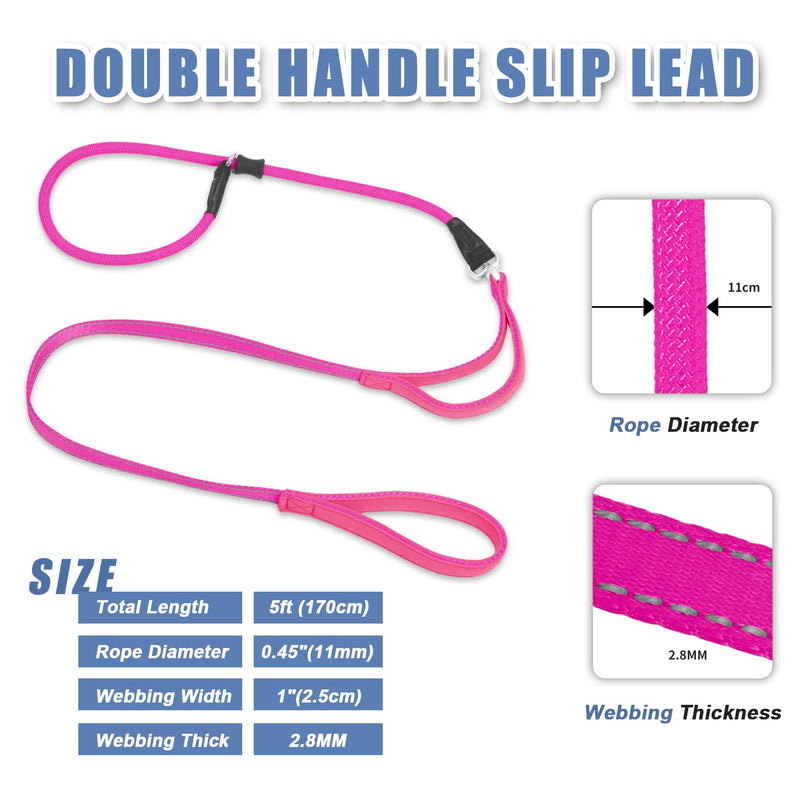 Slip Lead Dog Leash with Double Handle, Reflective Dog Training Leash [360° Swivel Anti-tangle] Heavy Duty Nylon Slip Leash and Collar for Large Medium Small Dogs No Pull Walking 5FT Hot Pink - BeesActive Australia