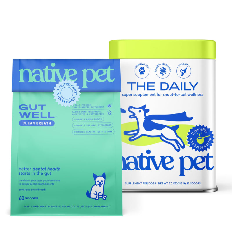 Native Pet Fresh Breath & Multivitamin Bundle: 60 Scoops GutWell Clean Breath - Dog Breath Freshener & 30 Scoops Dog Vitamins & Supplements - 11-in-1 Multivitamin Powder Food Topper