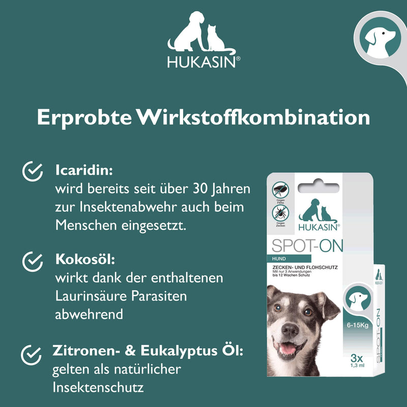 Hukasin® Spot On Dog - tick and flea protection - long-lasting tick protection for dogs and flea treatment for dogs up to 12 weeks, for the health of your dog - BeesActive Australia