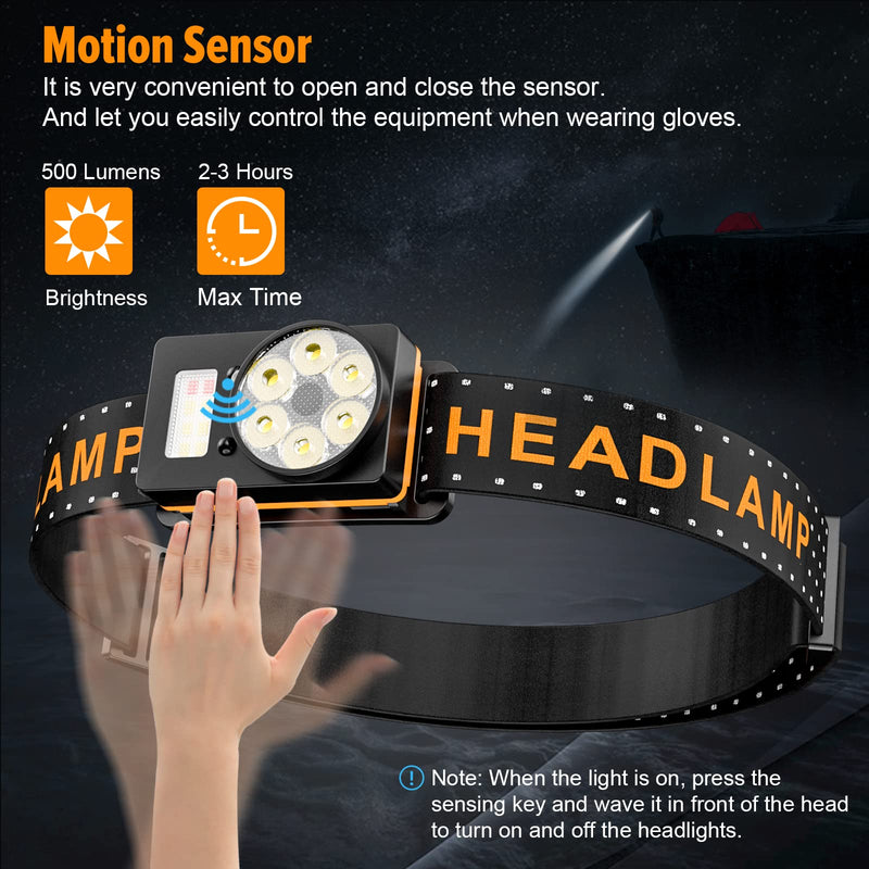 Headlamp Rechargeable, 500 Lumen Super Bright Motion Sensor LED HeadLamp, Headlamp Flashlight with White Red Lights, 6 Modes Lightweight Waterproof Head Lamp for Hiking Camping Essentials