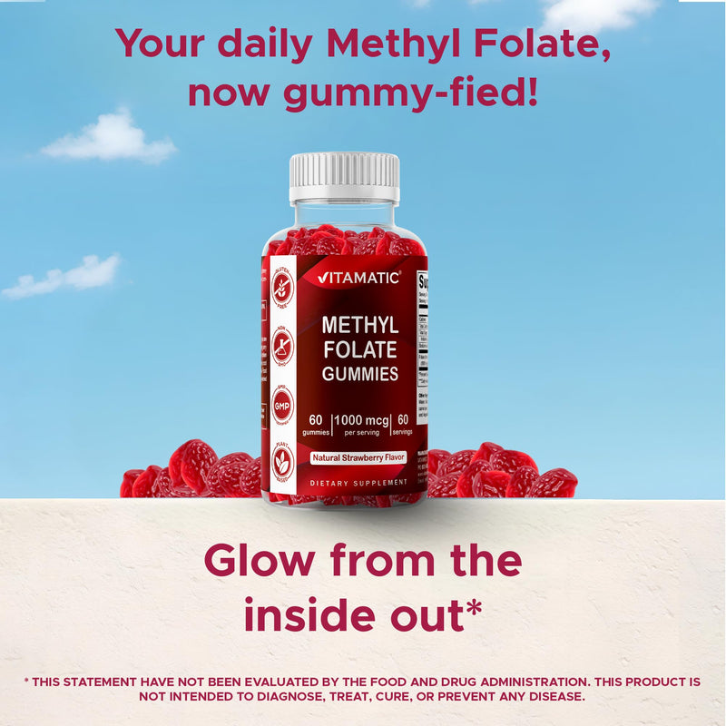 Vitamatic Methylfolate Gummies 1000 mcg – Active 5-MTHF Form – Natural Strawberry Flavor – Vegan, Non-GMO, Gluten Free – 60 Gummies
