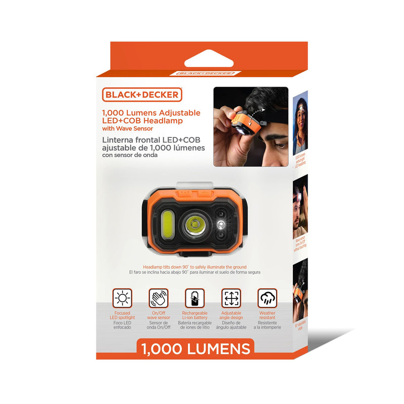 BLACK+DECKER Rechargeable Headlamp with Wave Sensor, Ultra Bright 1,000 Lumens LED Head Light, Adjustable 90° Tilt, 7 Lighting Modes, IP65 Waterproof, Fits Over Helmet, 14 Hour Head Lamp for Camping One Pack