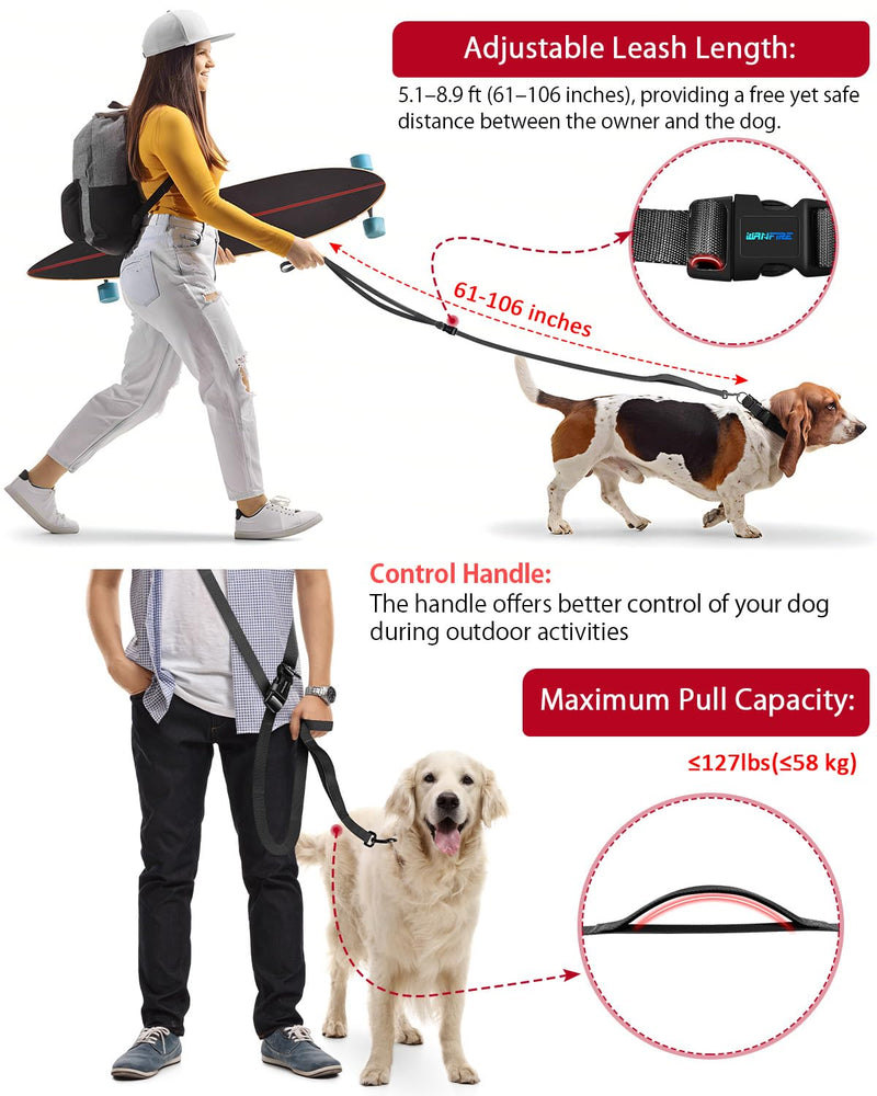 Hands Free Dog Leash, 5.1-8.9Ft Crossbody Long Leash, Waist Dog Belt for Small & Medium Dogs, City Walking & Running Outdoor Hiking &Travel etc. (Black) Black