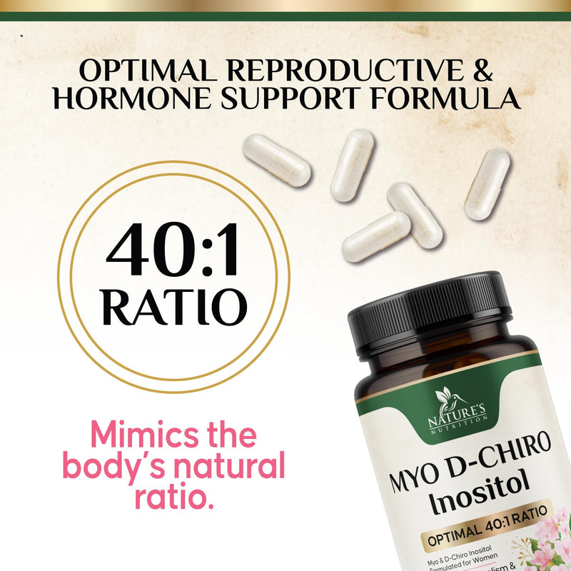 Myo-Inositol 2000mg Per Serving With D-Chiro - Optimal Ratio for Ovarian Support, Vegan Myo & D Chiro Supplement for Women's Natural Balance and Hormone Support, Vitamin B8, Non-GMO - 120 Capsules 120 Count (Pack of 1)