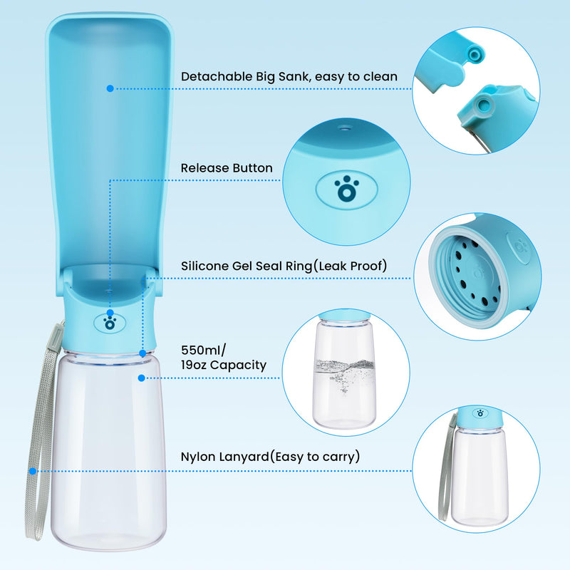 Portable Dog Water Bottle Dispenser [Leak Proof & Foldable] Dog Travel Water Bottle Bowl Accessories for Puppy Small Medium Large Dogs Pet Water Bottles for Dogs Walking Outdoor Hiking 19OZ 19OZ Blue - BeesActive Australia