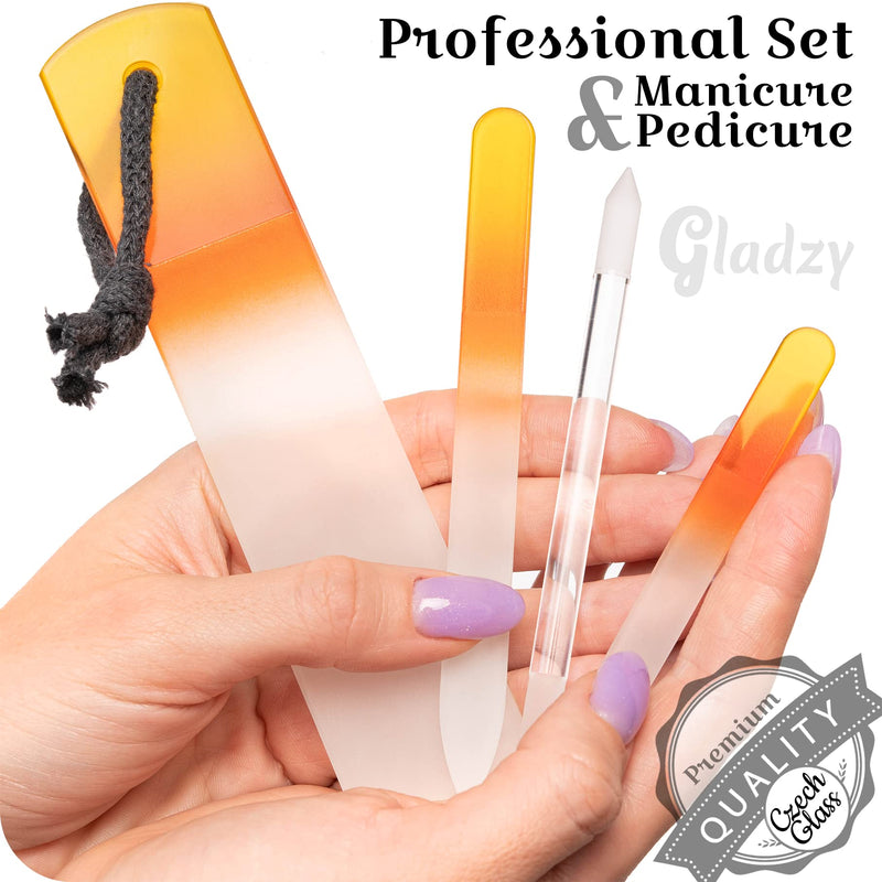 GLADZY Genuine Czech Glass Nail File Set - Callus Remover Foot Rasp, Cuticle Pusher Manicure Stick, Double Sided Etched Different Grit Surface, Professional Nail Care Tool, Made in EU All-in-one Set - Yellow Orange - BeesActive Australia