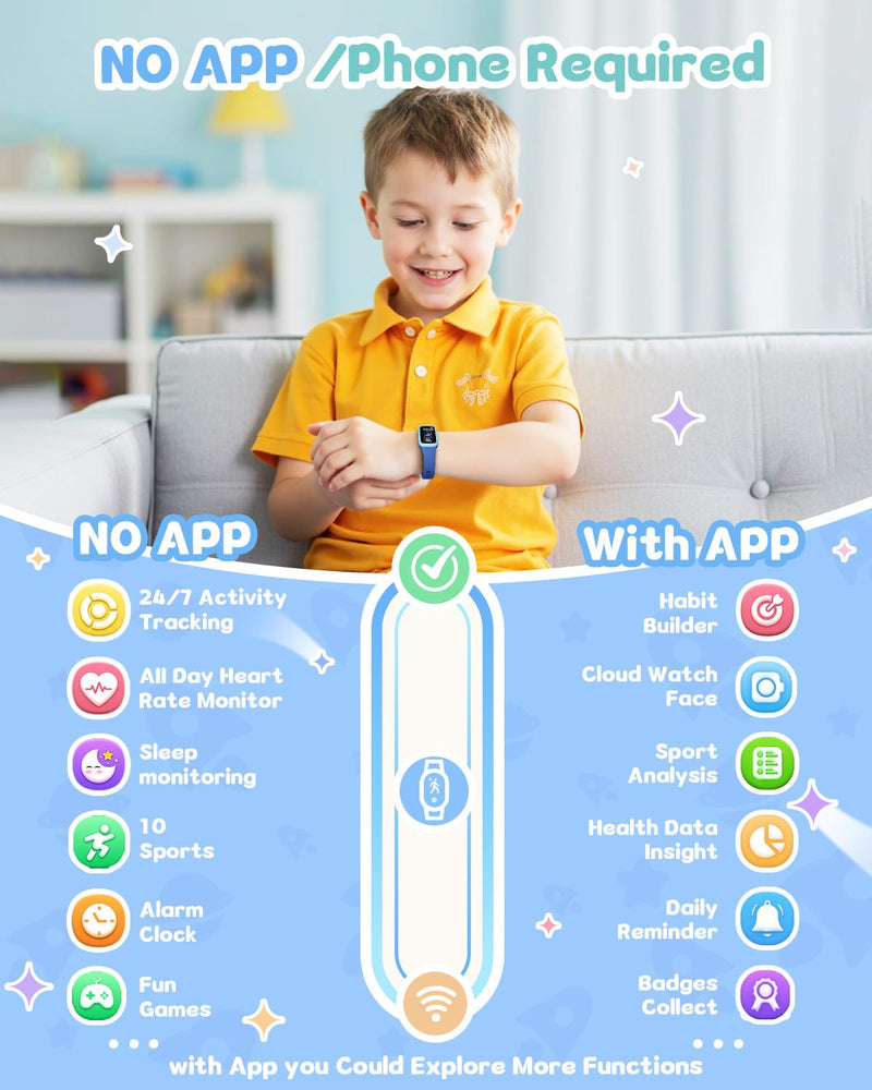 Kids Fitness Tracker Watch with Amoled Screen, Activity Tracker No Phone Needed, Heart Rate and Sleep Monitor, 3ATM Waterproof, Pedometer, Alarm Clock, Games, Step Counter Watch for Boys 5-10 Blue