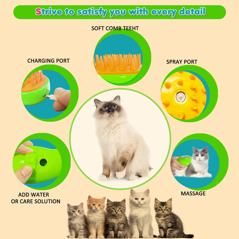Steamy Cat Brush - 3 In 1 Spray Cat Brush, Self Cleaning Cat Steamy Brush, Cat Steamer Brush for Massage, Steam Pet Brush for Removing Tangled and Loose Hair (Green) Green - BeesActive Australia