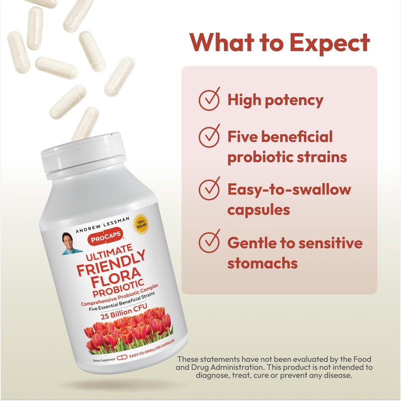 Andrew Lessman ProCaps Probiotic 25 Billion CFU 30 Capsules for Women & Men | Shelf-stable 25 Billion CFU. Four probiotic strains. No refrigeration required. Supports digestive & immune health. 30 Count (Pack of 1)