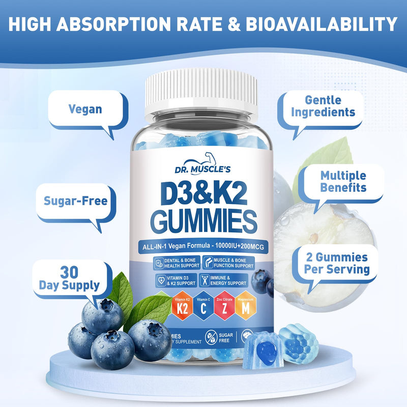 2-Pack Vitamin D3 K2 Gummies, D3 K2 Vitamin 10,000 IU & 200 MCG Supplement | Complex Calcium Citrate Zinc Vitamin C B6, Sugar-Free Vitamin D Supplement for Bones & Immune Support, 60 Blueberry Gummies 60 Count (Pack of 2)