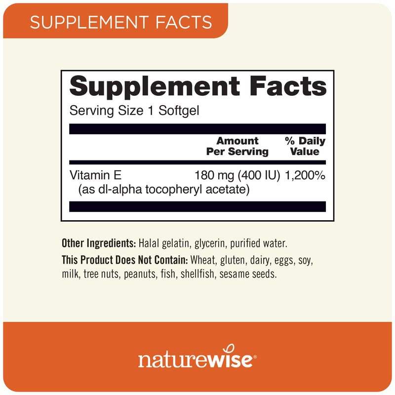 NatureWise Vitamin E 400 IU Softgels (180mg DL-Alpha) - Dairy Free, Gluten Free and Soy Free Antioxidant-Rich Dietary Supplement for Skin, Heart, and Immune Health Support - 2-Month Supply, 60 Count 60 Count (Pack of 1) - BeesActive Australia