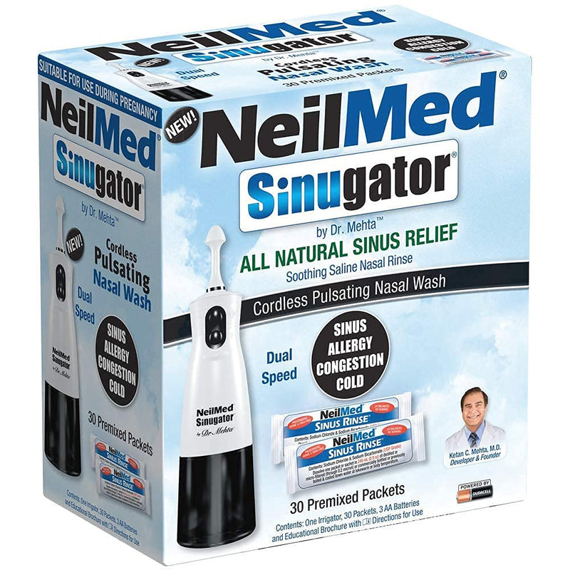 NeilMed Sinugator Cordless Pulsating Nasal Irrigator (Dual Speed) with 30 Premixed Packets and 3 AA Batteries - Black (Pack of 1) 34 Piece Set (Pack of 1)